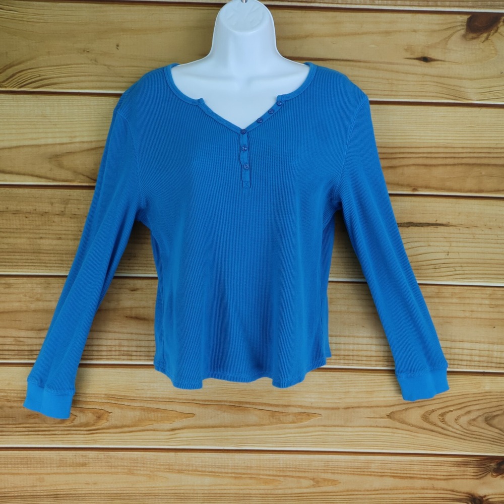 Relativity Intimates Henley Pajama Top Womens Sz L Blue Long Sleeves Waffle-Knit